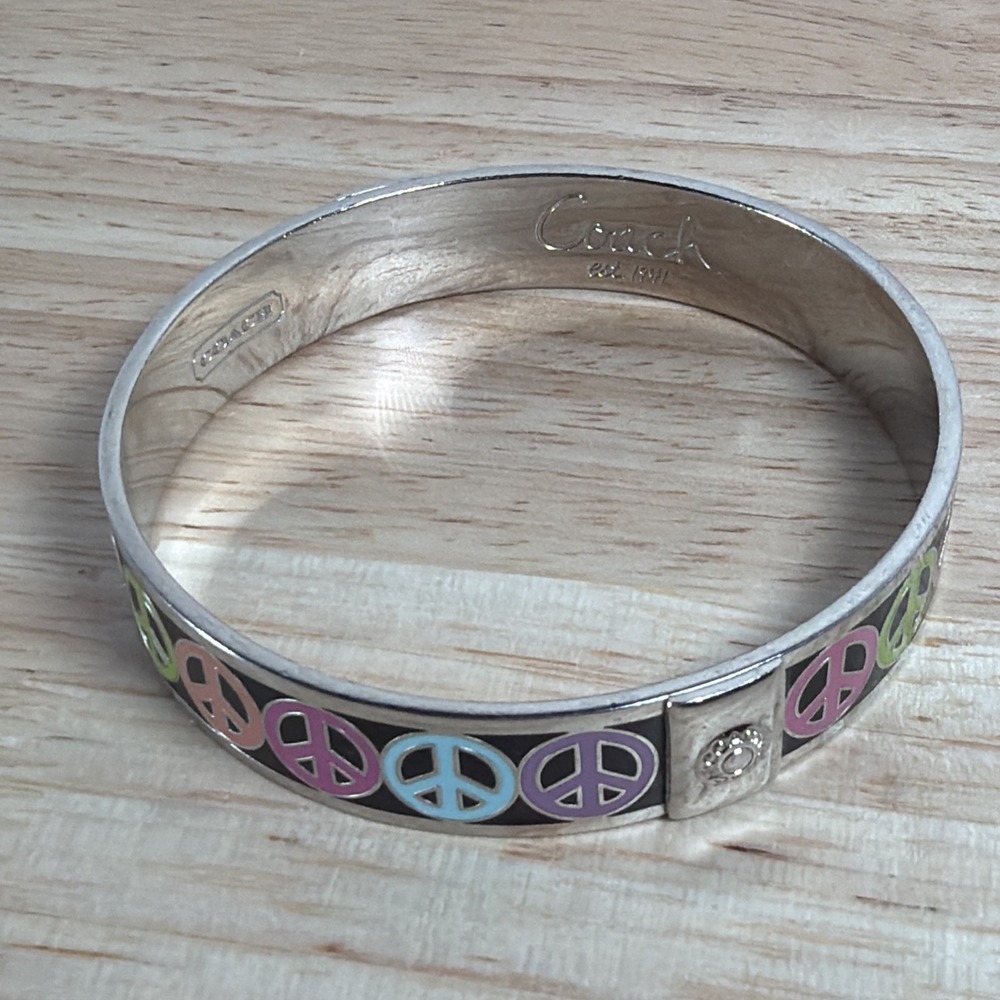 Authentic Coach Pastel Rainbow Peace Sign Enameled Bangle Bracelet Y2K